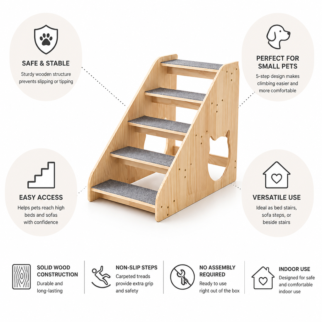 Wooden Non-Slip Pet Stairs (5-Step)