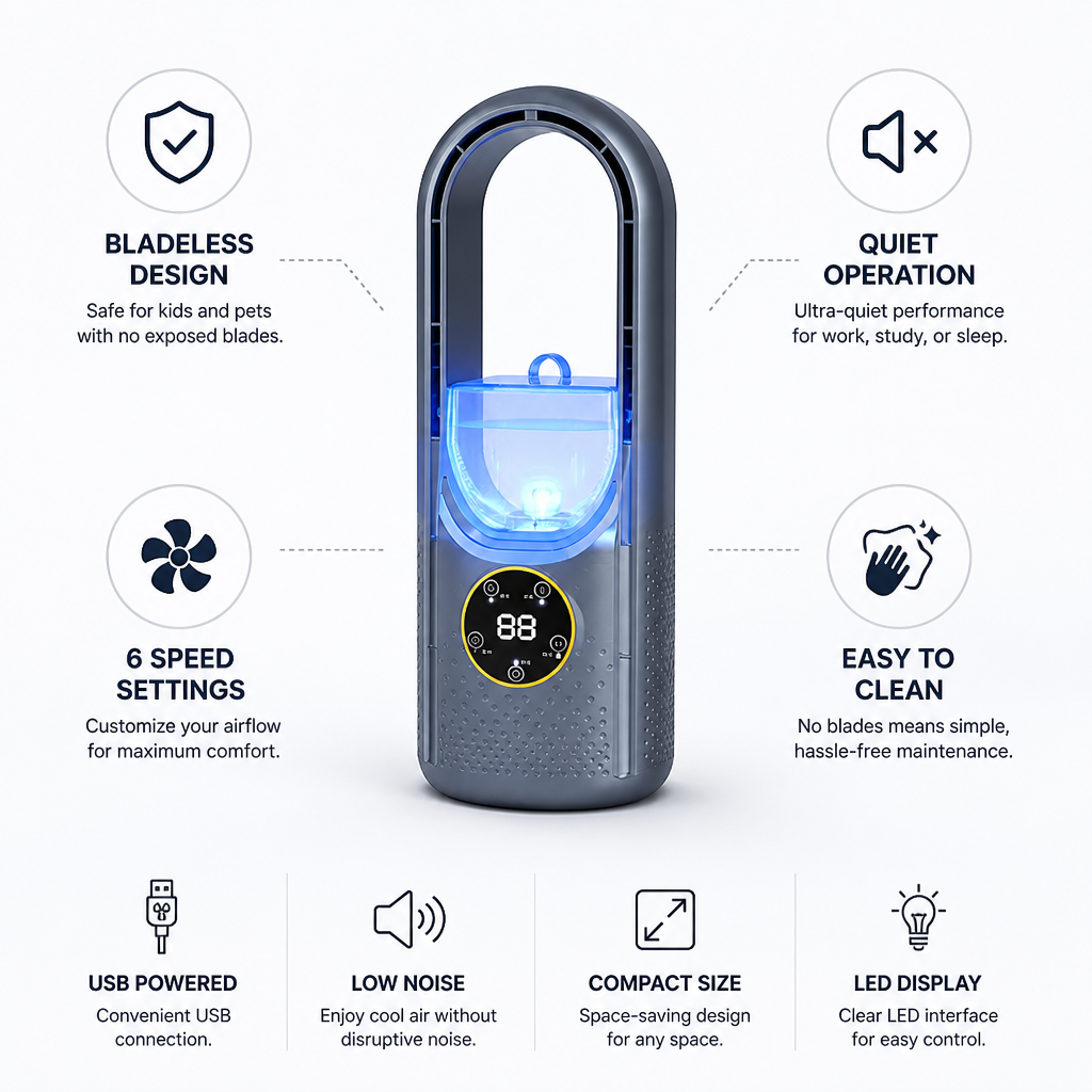 Bladeless USB-Powered Quiet Portable Fan