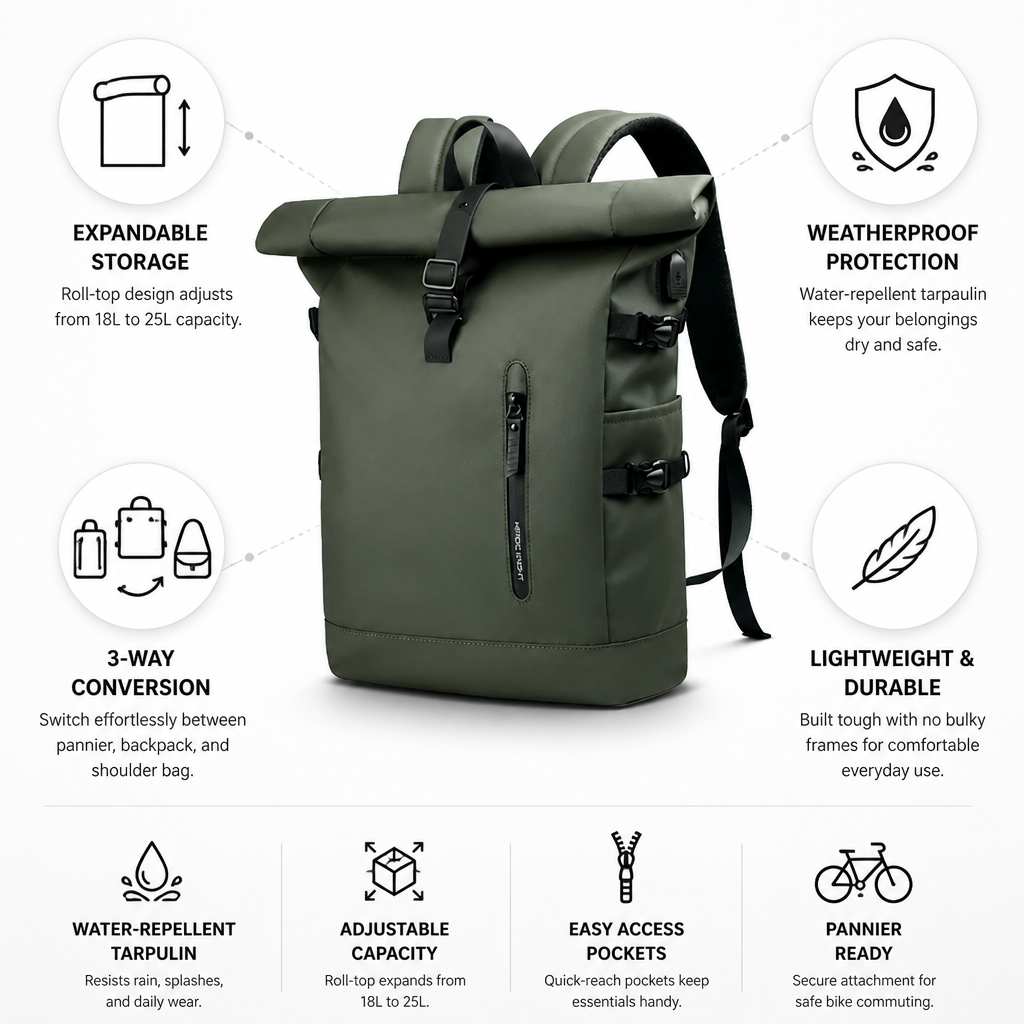 Water-Repellent Roll-Top Convertible Pannier Backpack (18–25L)