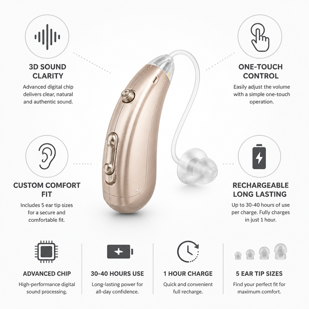 Rechargeable 3D Sound One-Touch Hearing Aid (Single or Pair)