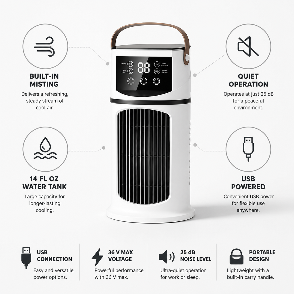 USB-Powered Misting Portable Air Cooler (14 fl oz Tank)