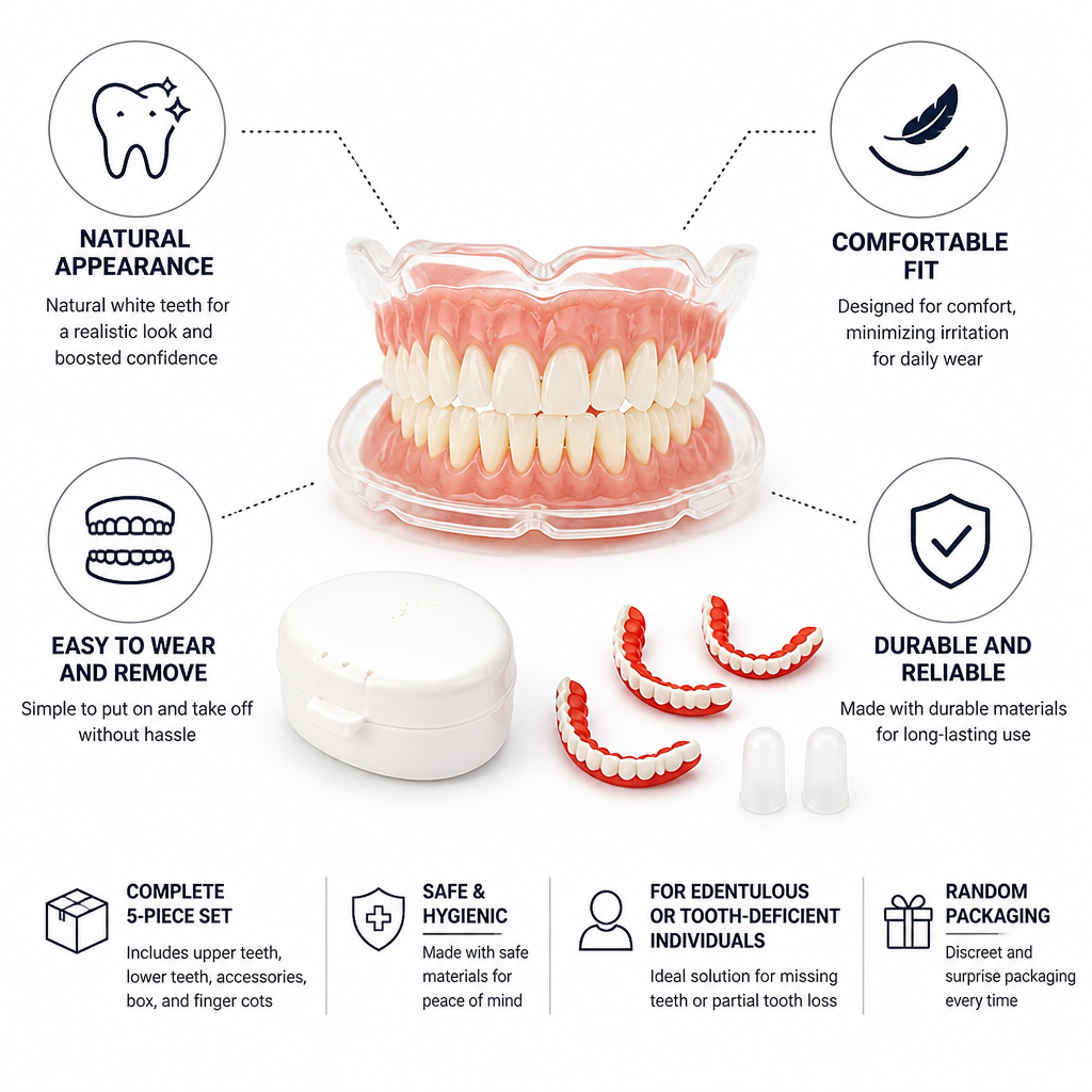 Comfort-Fit Realistic Removable Dentures (5-Piece Set)