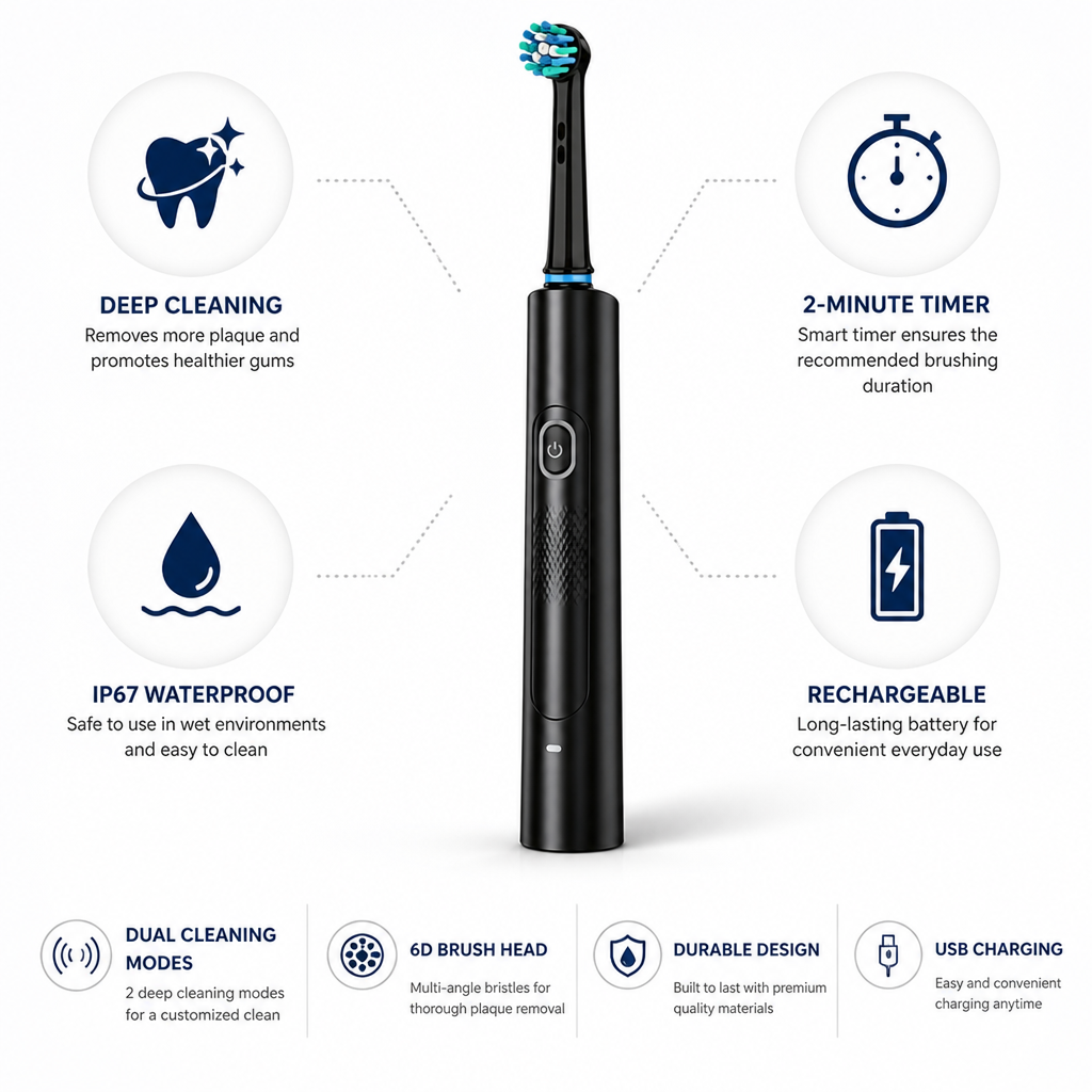 Rechargeable Dual-Mode IP67 Waterproof Electric Toothbrush (2-Min Timer)