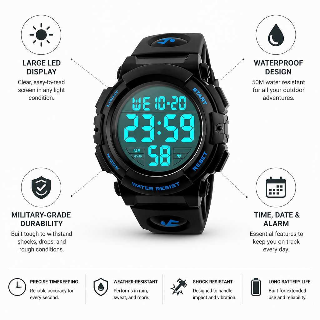Large LED Waterproof & Shock-Resistant Digital Sports Watch