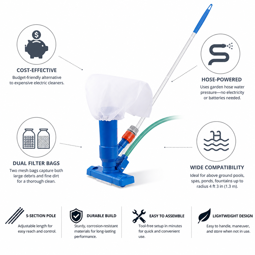 Hose-Powered Dual-Mesh Pool Vacuum Kit (5-Section Pole)
