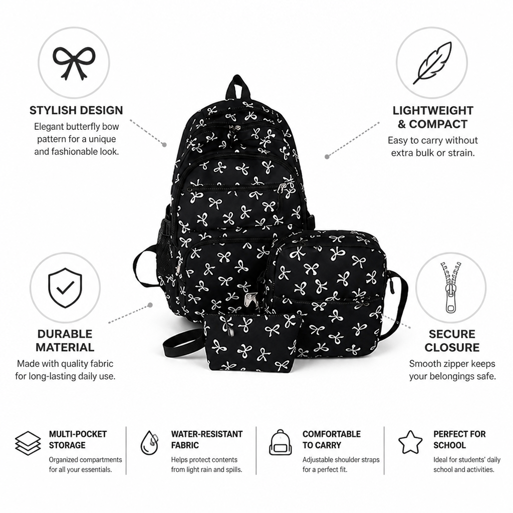 Butterfly Bow Lightweight School Backpack (Black)
