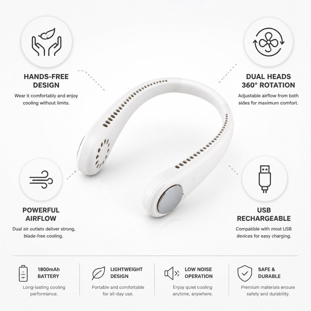 Hands-Free Dual-Head Rotating Neck Fan (USB Rechargeable)