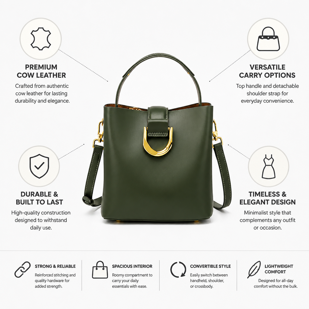 Authentic Cow Leather Convertible Bucket Bag