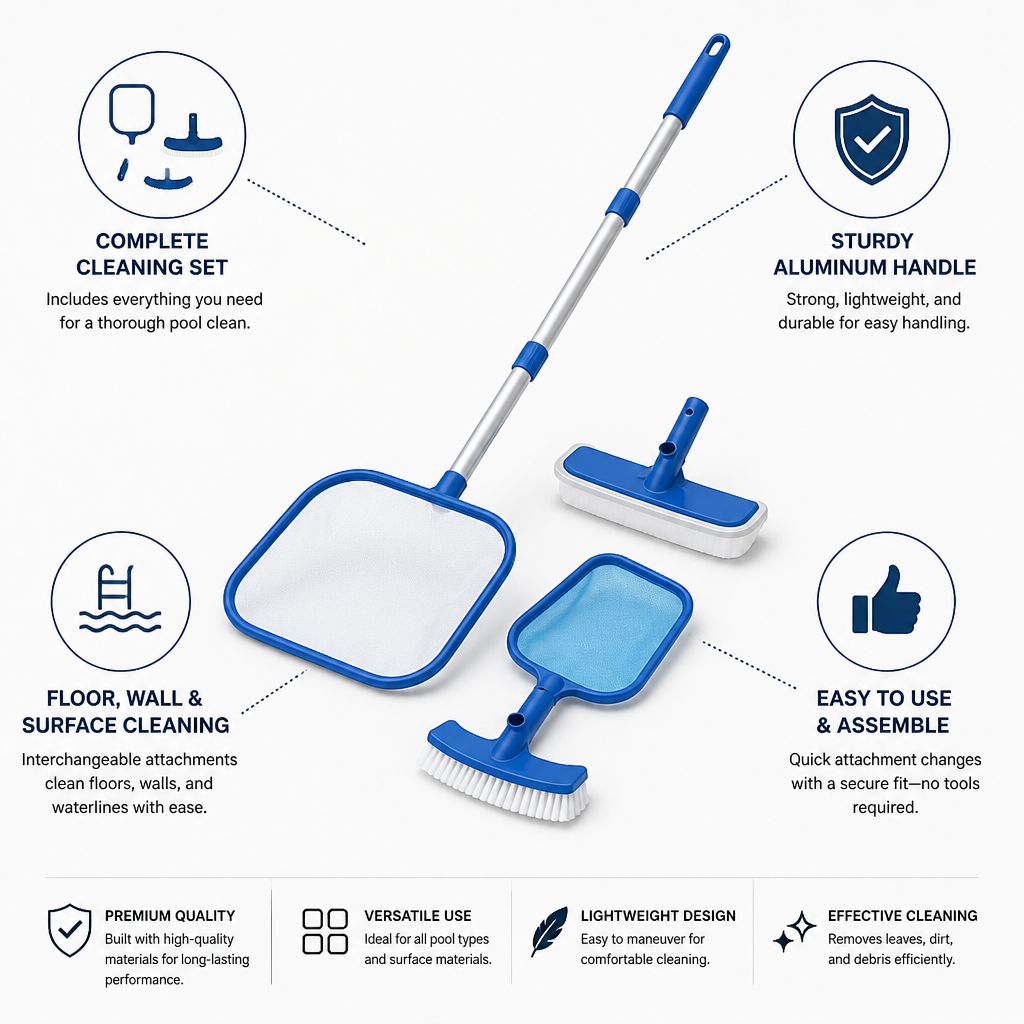 Complete Aluminum Interchangeable-Head Pool Cleaning Set