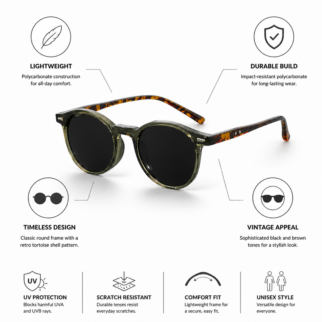 Lightweight Polycarbonate Round Tortoise Shell Sunglasses