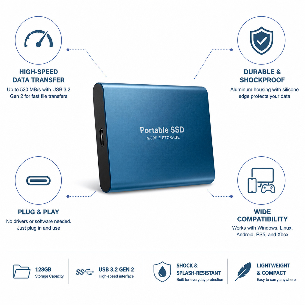 Aluminum Shockproof USB‑C External SSD (128GB)
