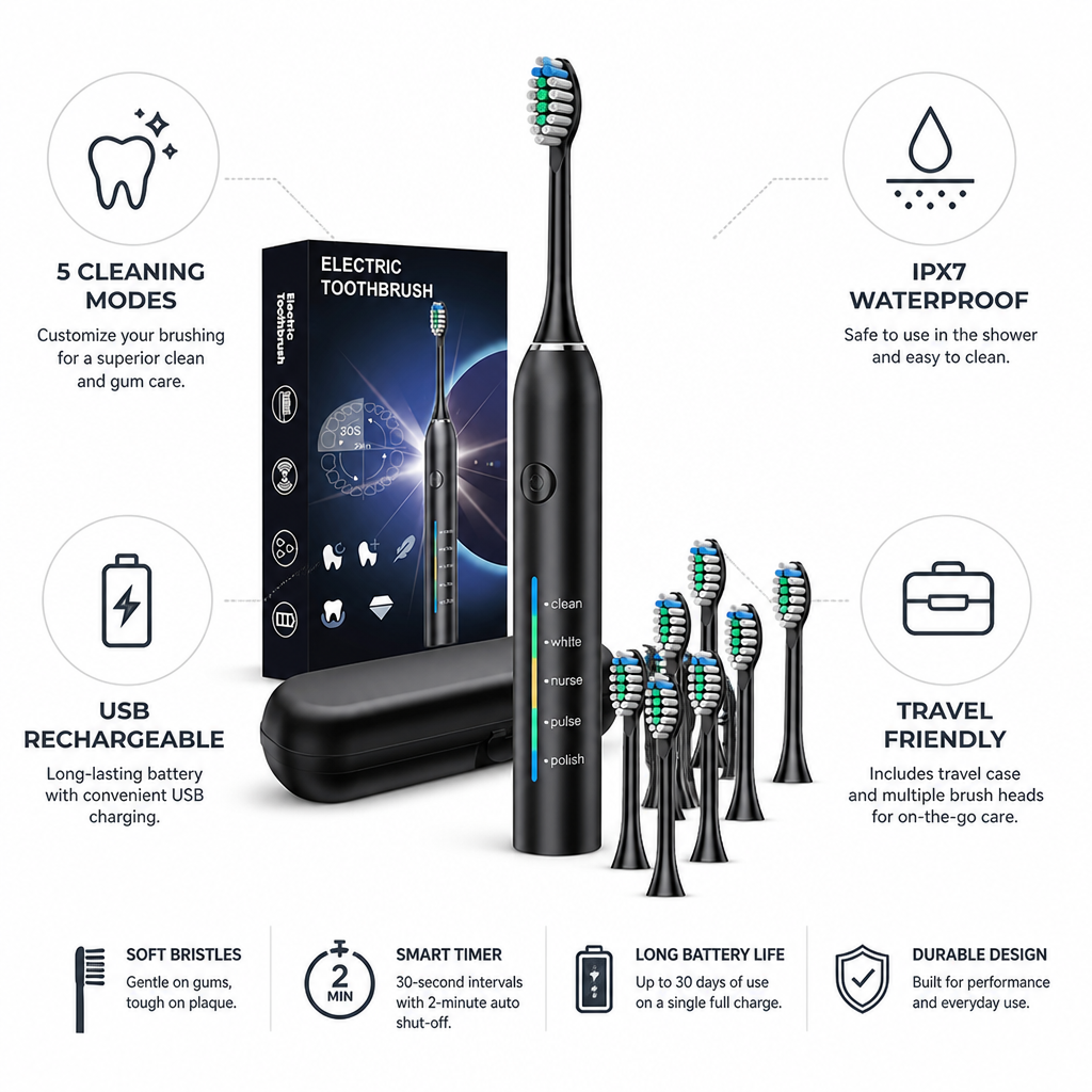 USB Rechargeable IPX7 Waterproof Electric Toothbrush (5 Modes)