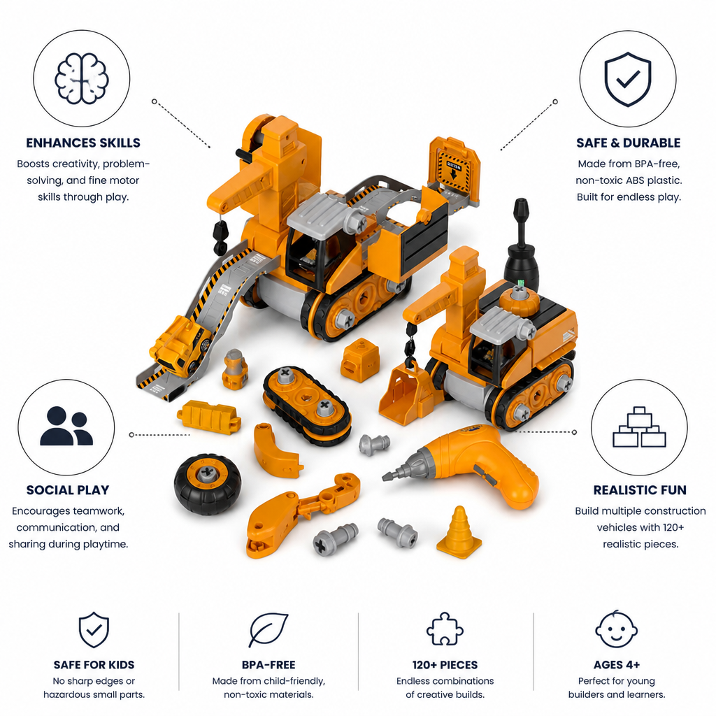 BPA-Free 120-Piece Educational Construction Vehicle Set (Ages 4+)