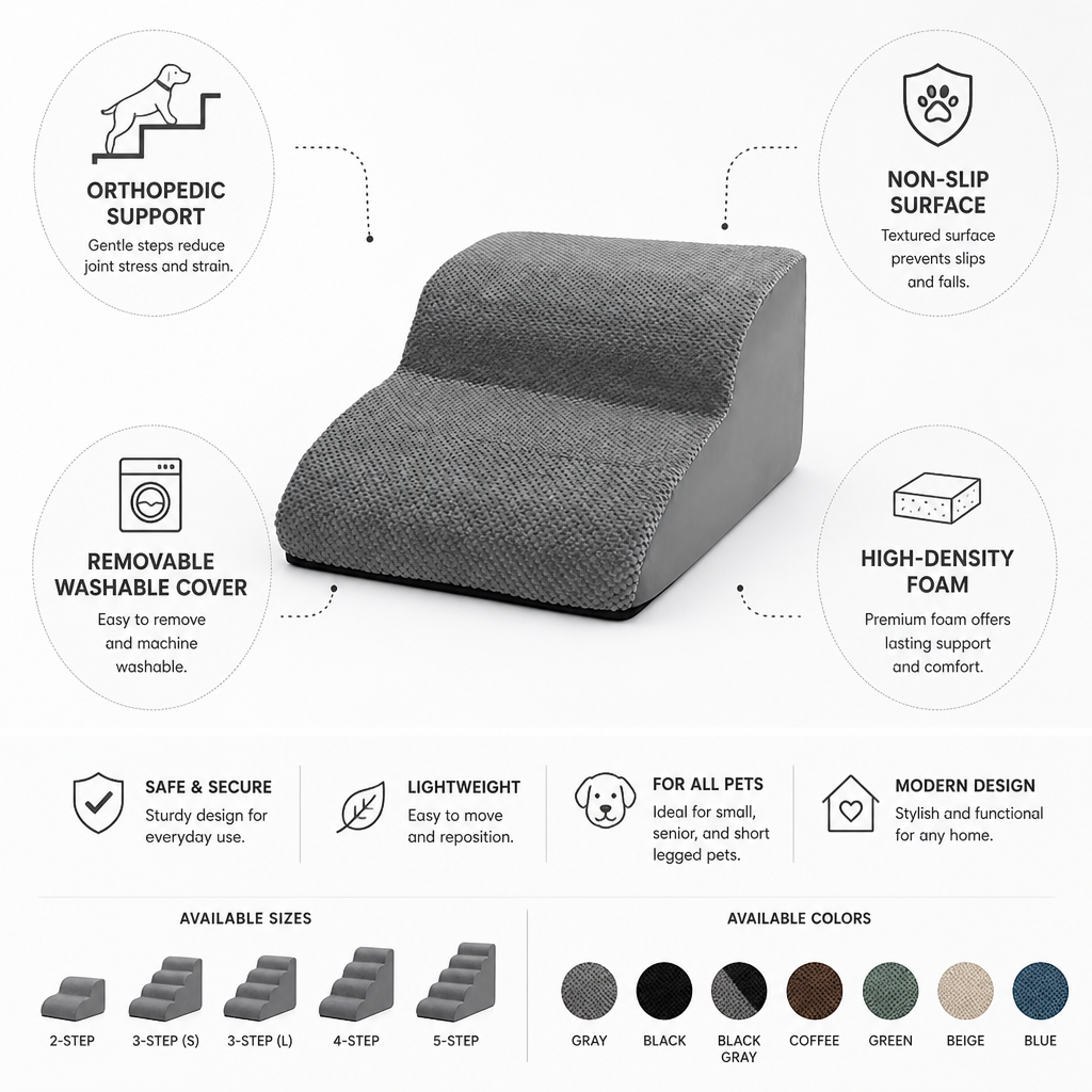 Orthopedic Non-Slip High-Density Foam Pet Stairs (Removable Washable Cover)