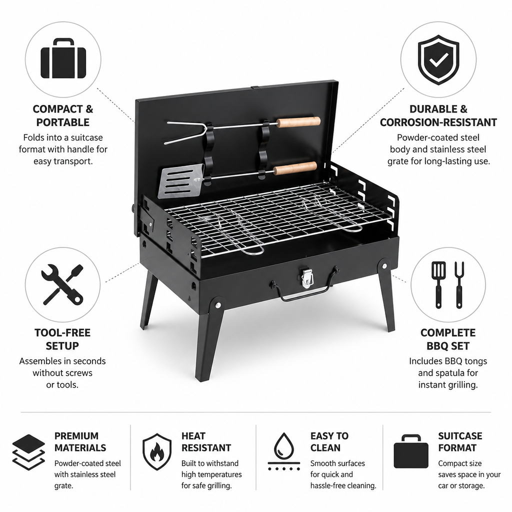 Powder-Coated Steel & Stainless Steel Grate Foldable Grill (Suitcase Format)