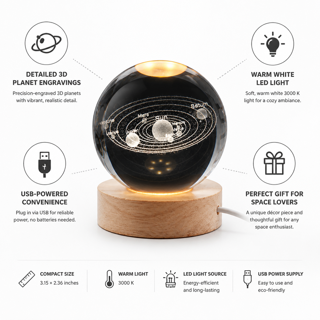 3D Engraved Glass Globe LED Night Light (USB-Powered)