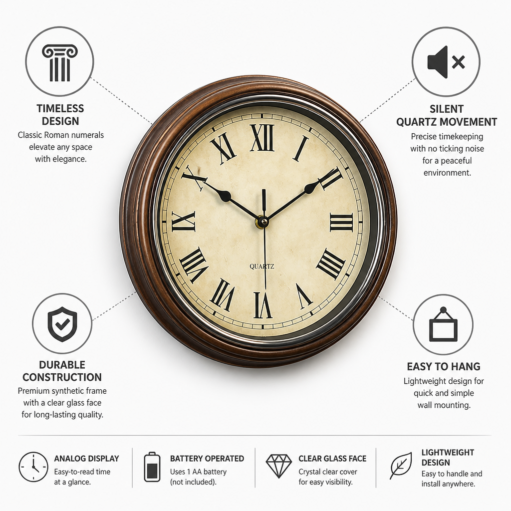 Silent Quartz Roman Numeral Wall Clock