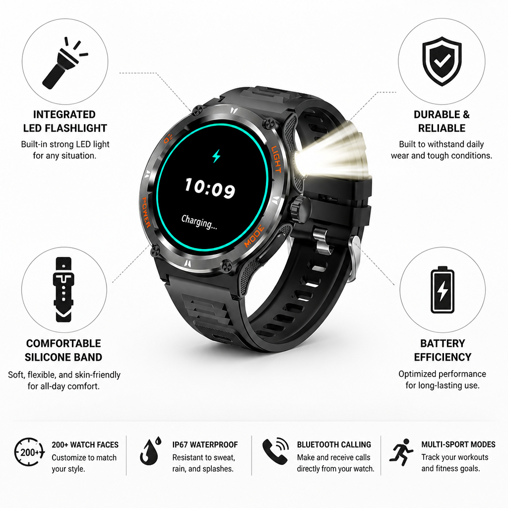 Integrated LED Flashlight & Silicone Band Smart Watch
