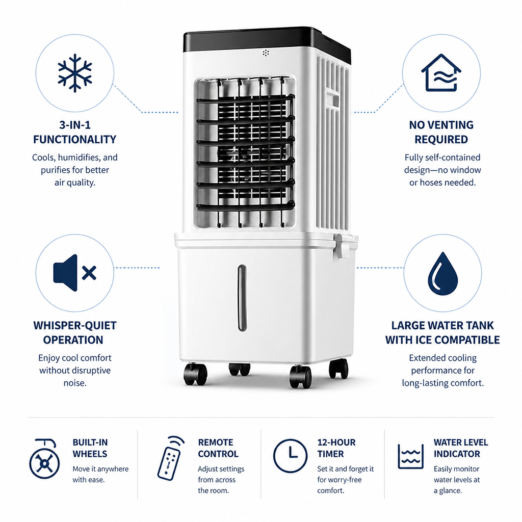 Windowless 3-in-1 Cooling, Humidifying & Purifying Portable Air Conditioner