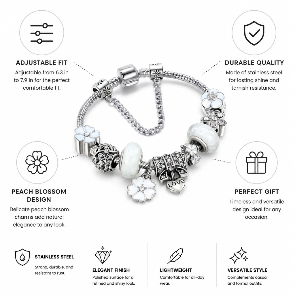Stainless Steel Adjustable Fit Peach Blossom Charm Bracelet