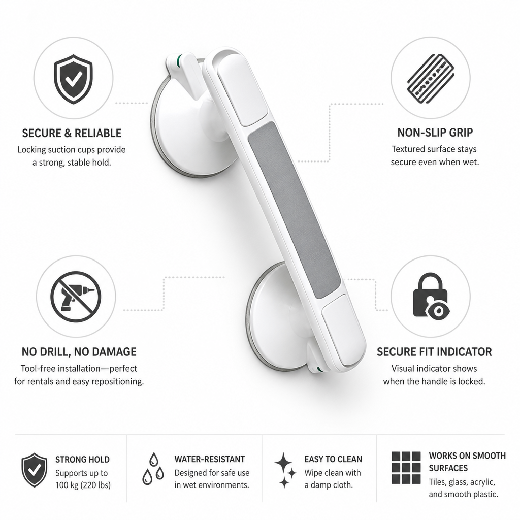 Locking Suction & Textured Non-Slip Grab Handle (No-Drill)