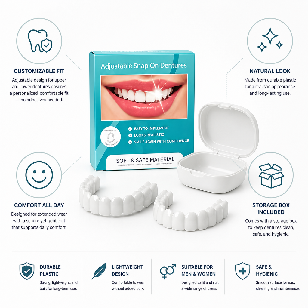 Adjustable Comfort-Fit Denture Set (Upper & Lower, Storage Box)