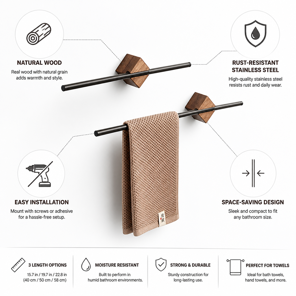 Natural Wood & Stainless Steel Towel Rack (Wall-Mount)
