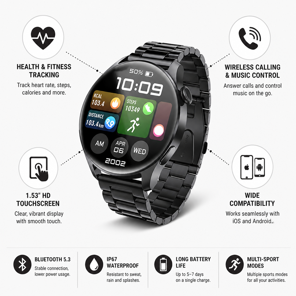 1.53-Inch HD Touchscreen Fitness Smart Watch (Bluetooth 5.3)