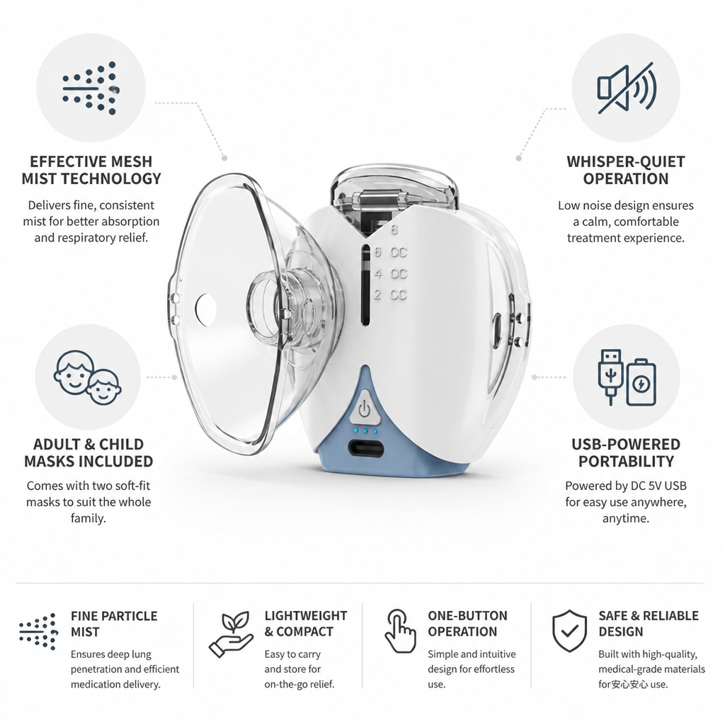 Quiet USB-Powered Mesh Nebulizer (Includes Adult & Child Masks)