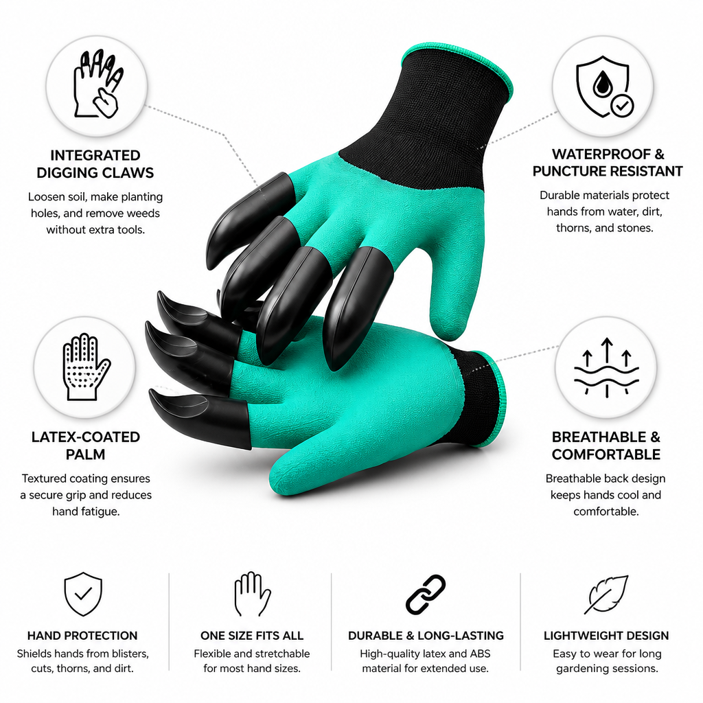 Integrated Digging-Claw Latex-Coated Gardening Gloves (One Size)