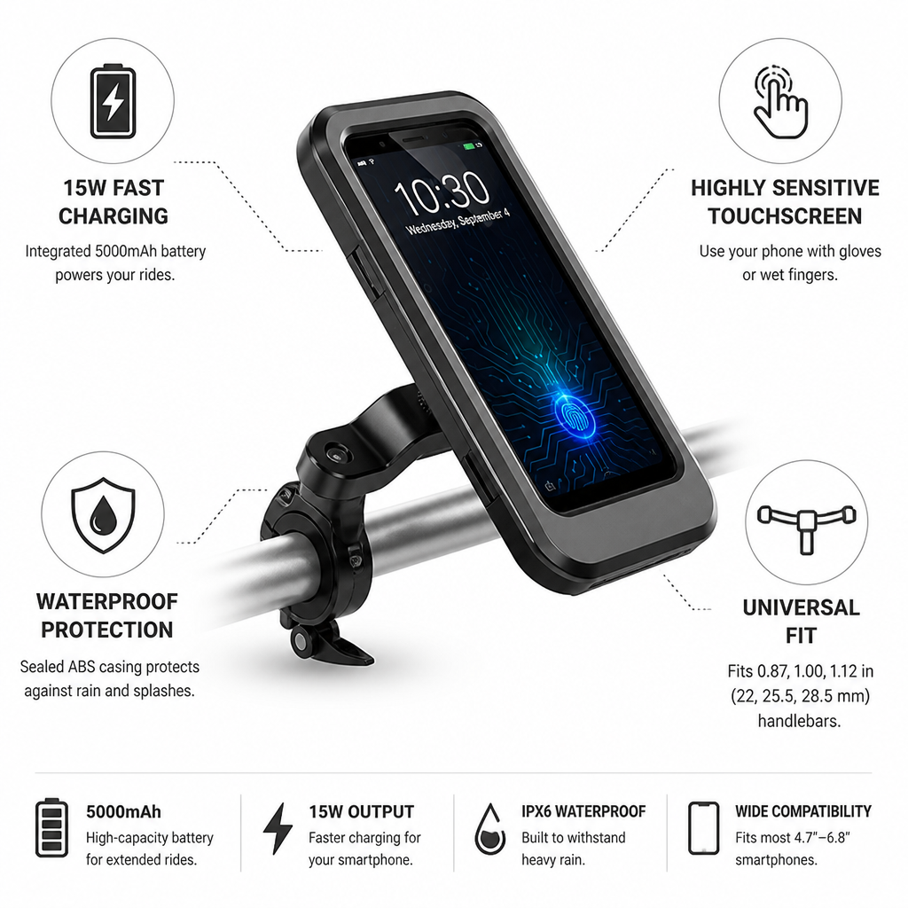 Waterproof 5000mAh Handlebar Phone Mount (15W Charging)