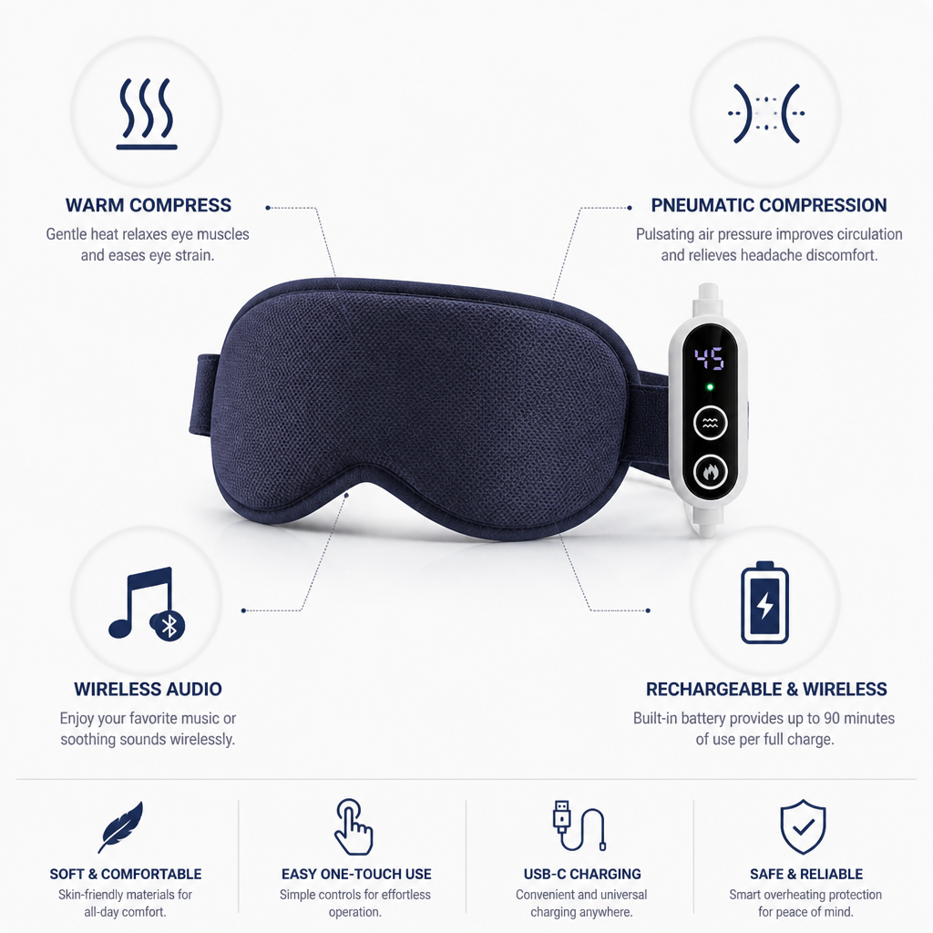 Heat & Pneumatic Compression Eye Massager (Wireless, Rechargeable)