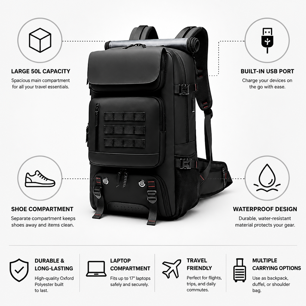 Waterproof 50L Travel Backpack (Built-In USB Port & Shoe Compartment)