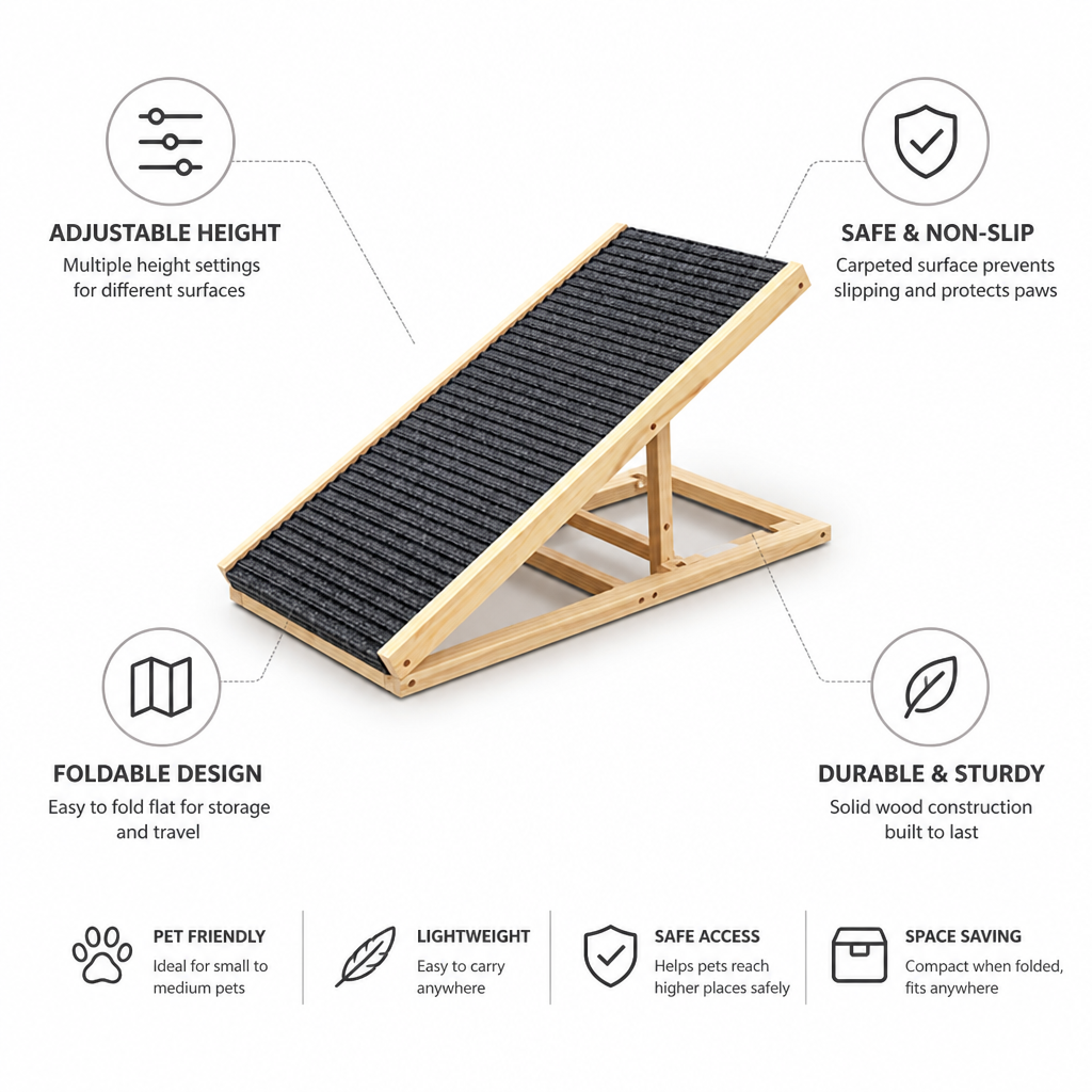 Foldable Adjustable Wooden Pet Ramp (Non-Slip Carpet)