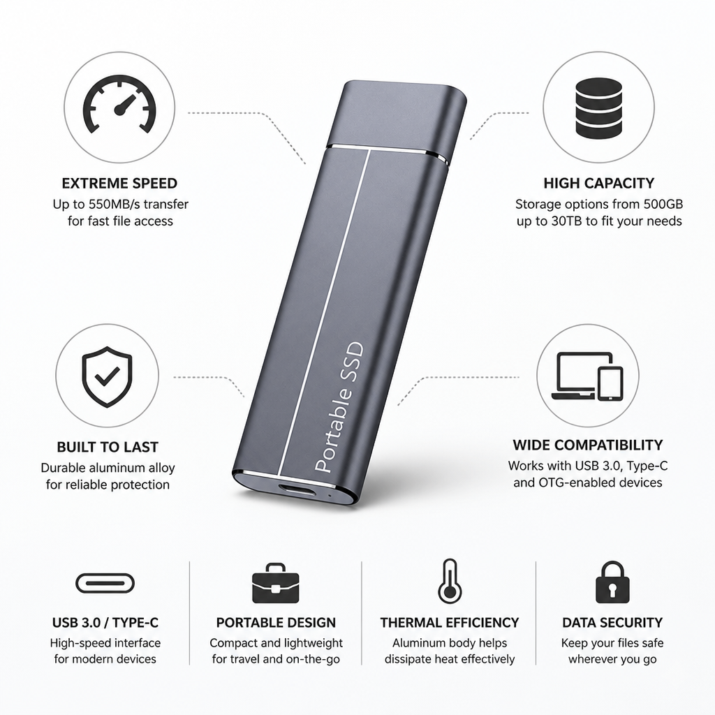 Aluminum High-Speed USB-C Portable SSD (Up to 30TB)