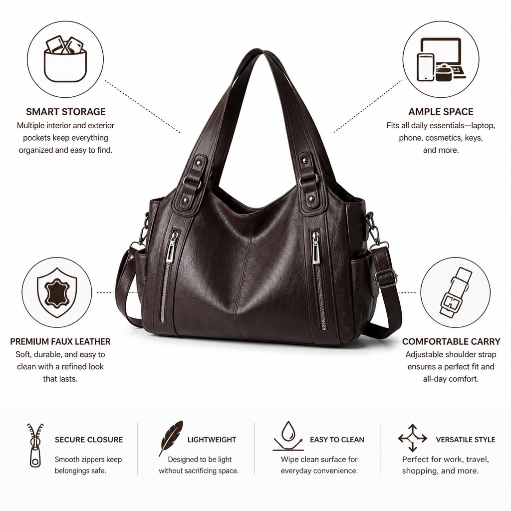 Faux Leather Multi-Pocket Tote Shoulder Bag