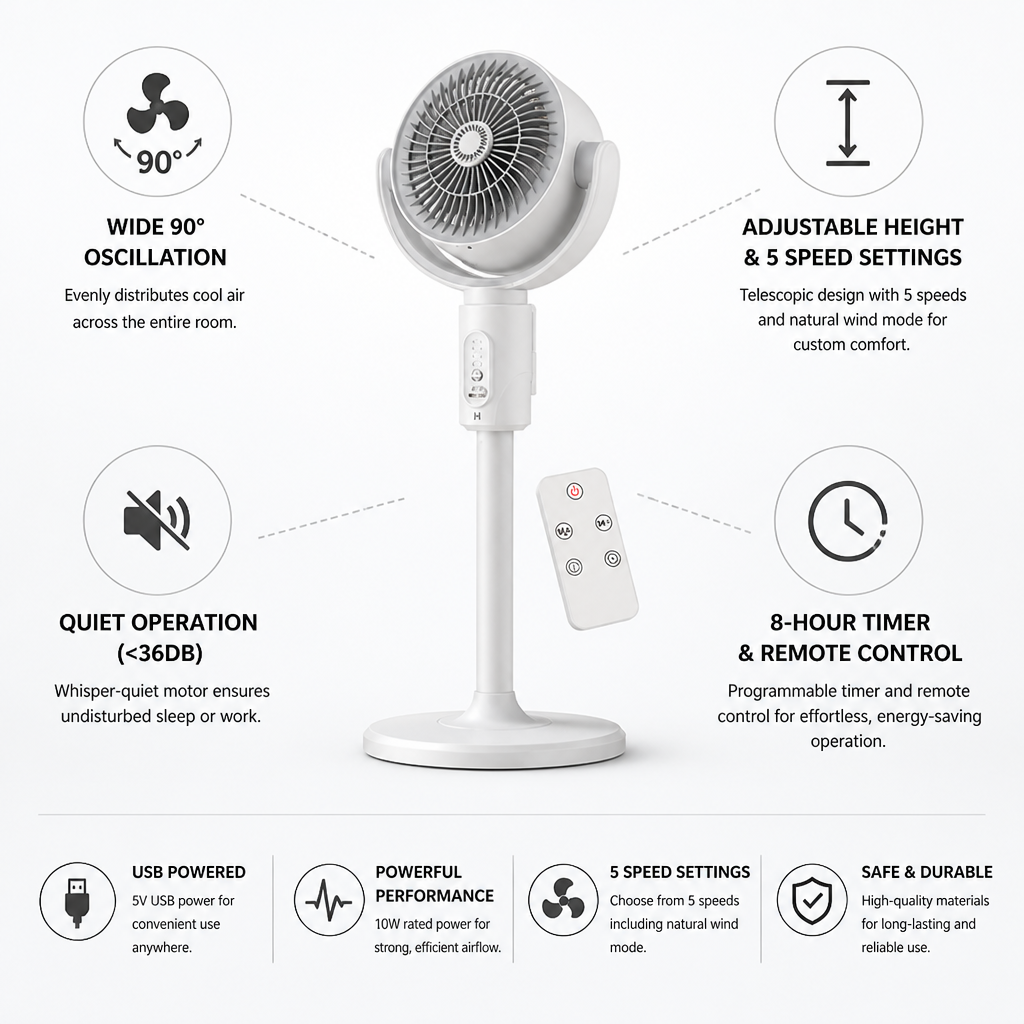 Height-Adjustable Quiet USB-Powered Stand Fan (Remote & Timer)