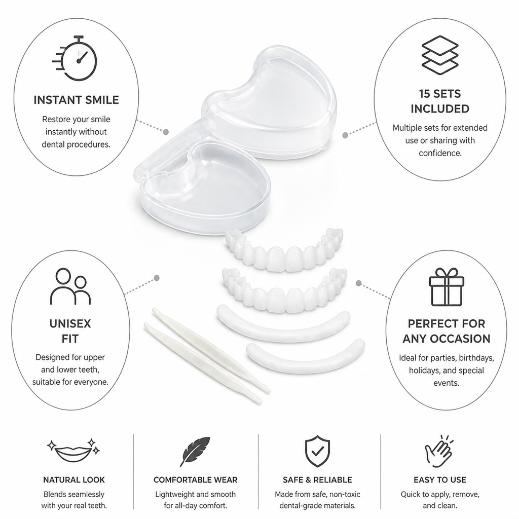 Instant Natural-Looking Unisex Temporary Dentures (Upper & Lower, 15 Sets)