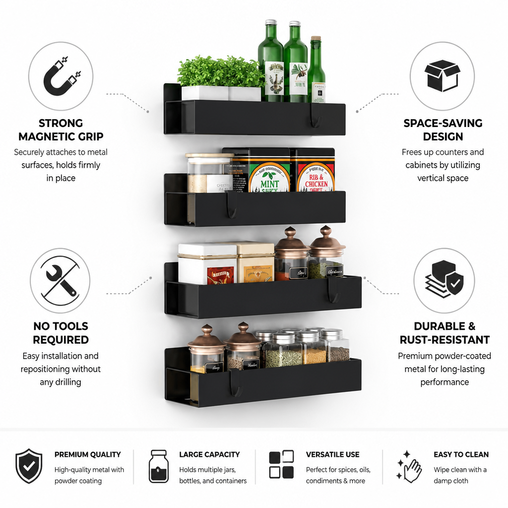 Space-Saving Magnetic Powder-Coated Spice Rack Set (Set of 4)