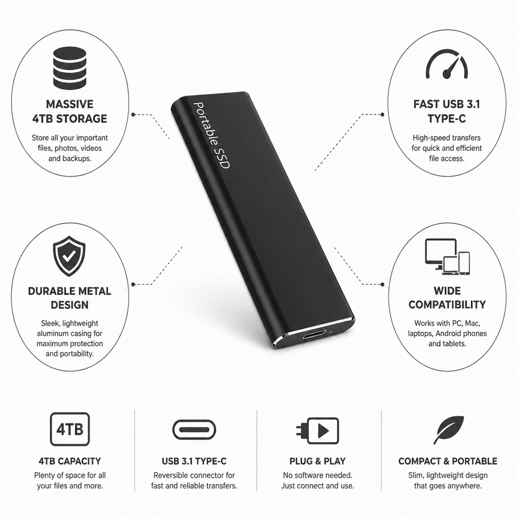 Portable 4TB USB-C Metal External Hard Drive