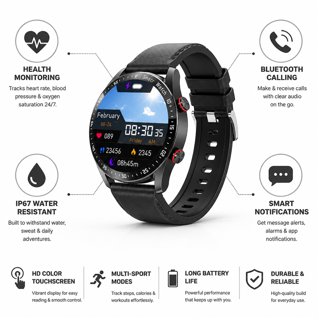 Health-Tracking & Bluetooth Smartwatch (IP67 Water-Resistant)