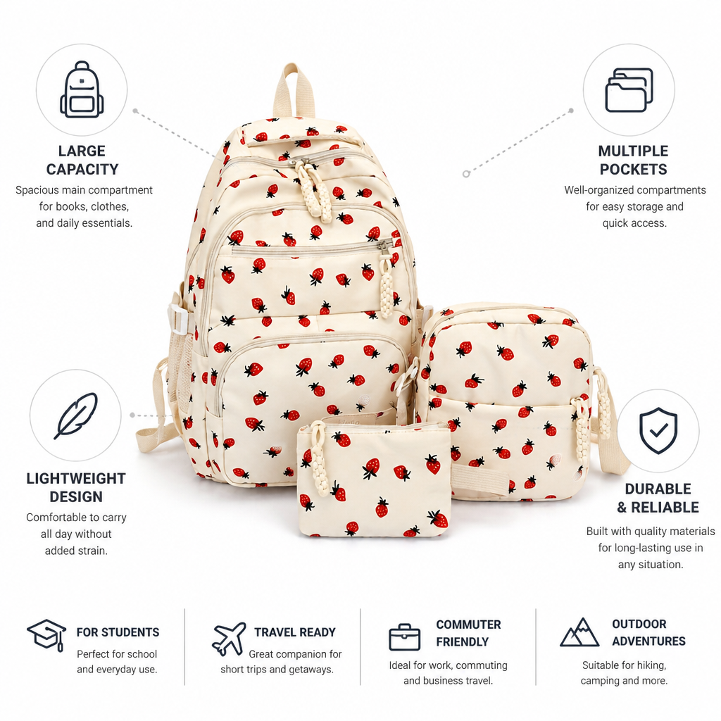 Strawberry-Print Large-Capacity Backpack