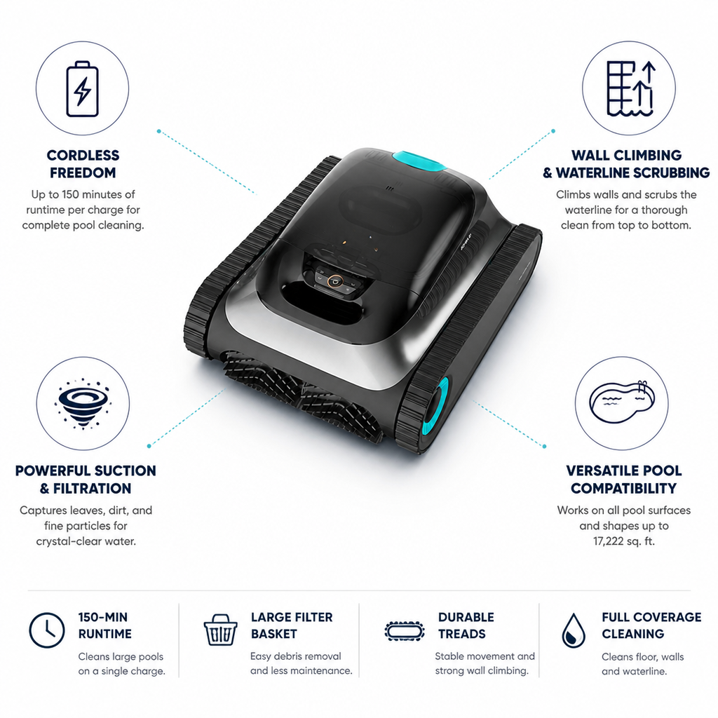 Cordless Powerful Suction & Wall-Climbing Robotic Pool Cleaner (150-Min Runtime)