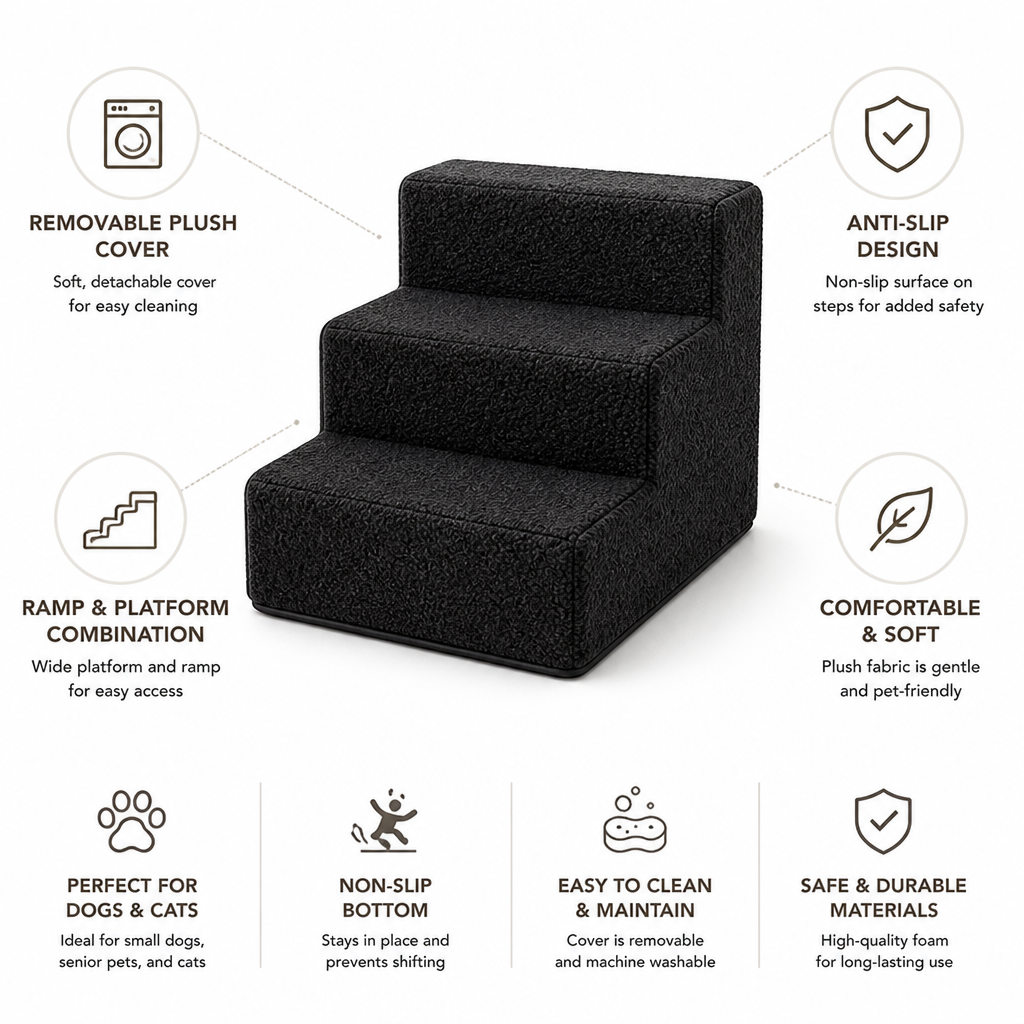 Removable Plush & Non-Slip Foam Pet Steps (3-Step)