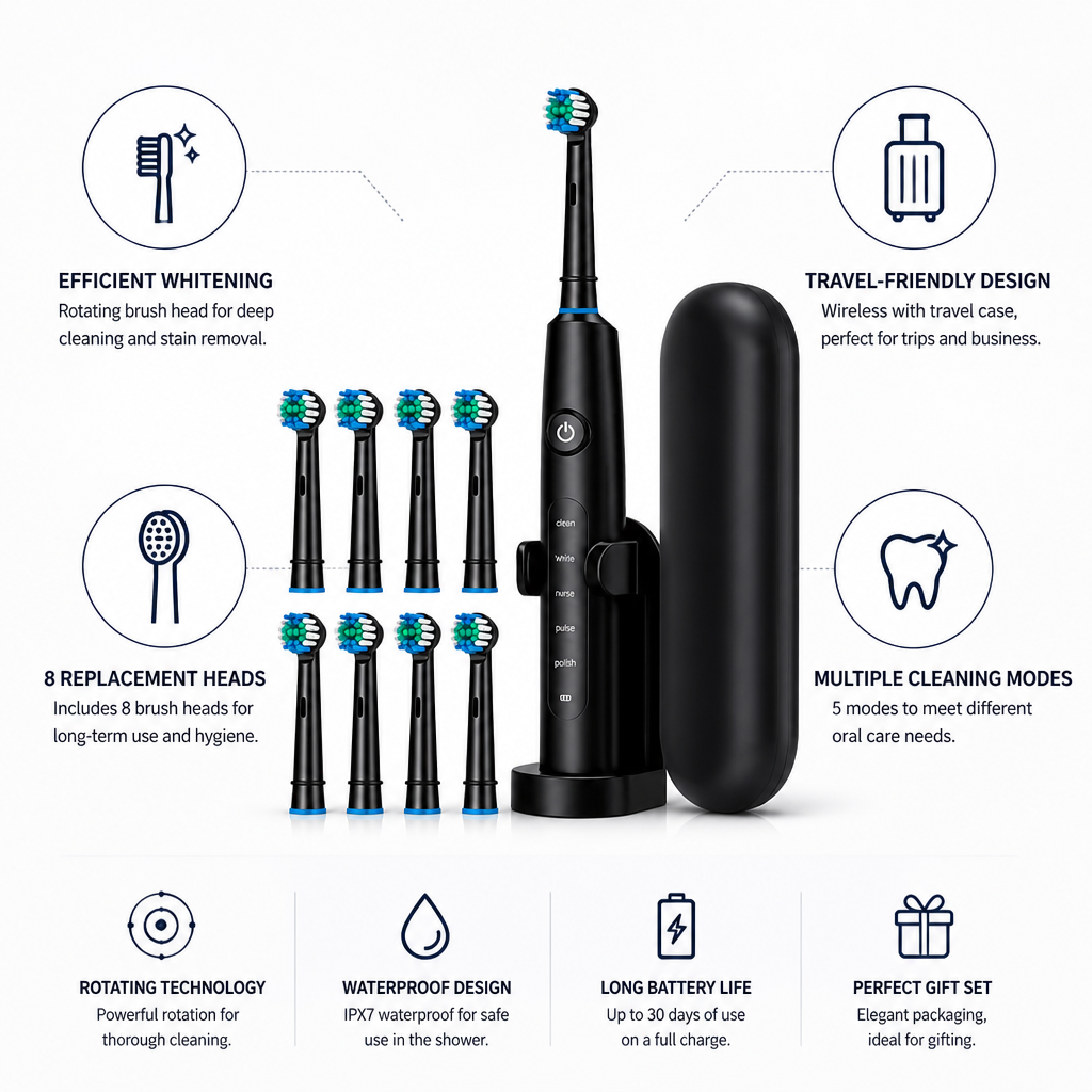 Electric Toothbrush with Rotating Whitening Action – 8 Replacement Heads + Travel Case