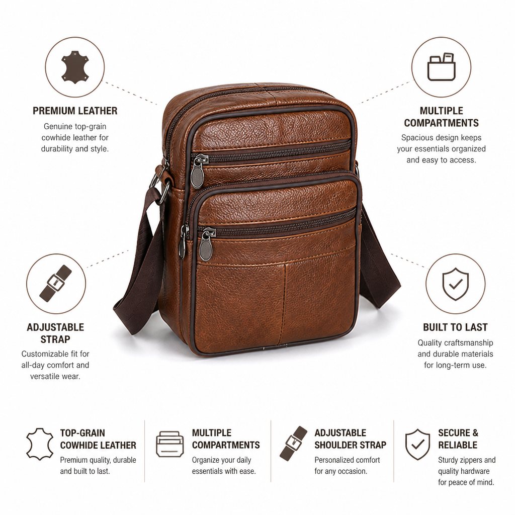 Top-Grain Cowhide Crossbody Bag (Multiple Compartments & Adjustable Strap)