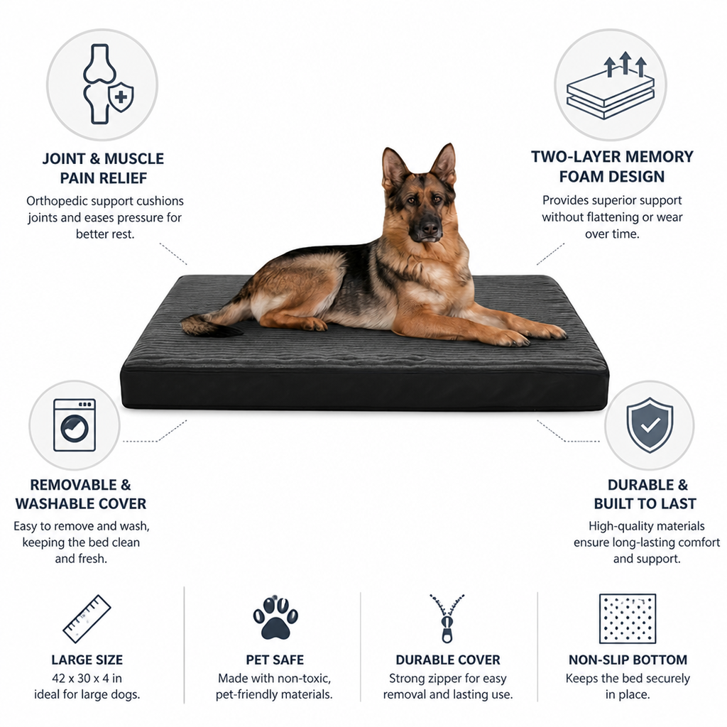 Orthopedic Two-Layer Memory Foam Dog Bed (Large, Removable Washable Cover)