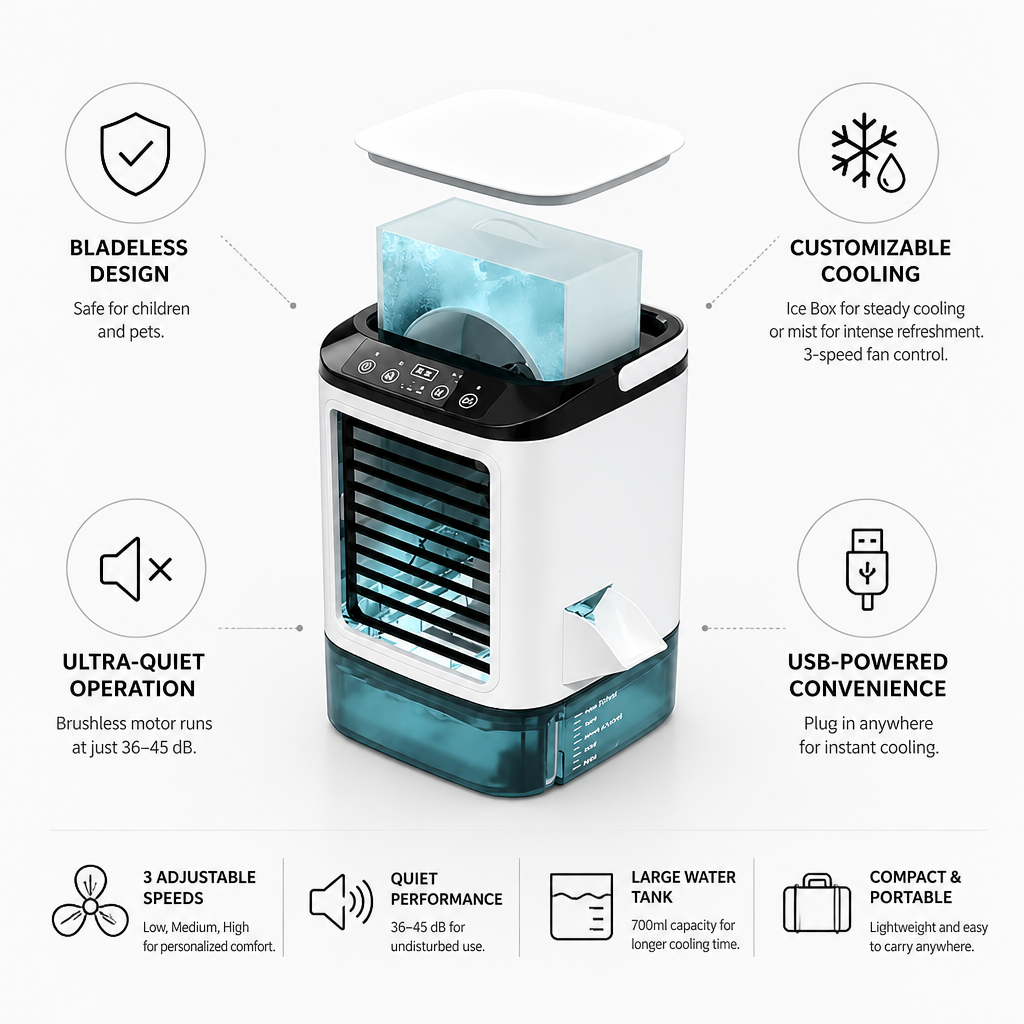 Bladeless USB-Powered Portable Air Cooler (Misting & Ice Box Option)