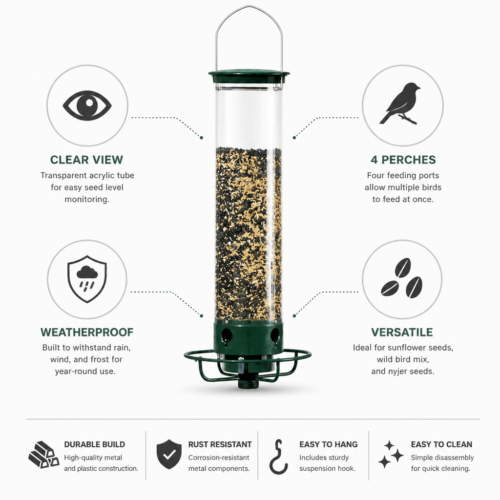 Weatherproof Transparent Acrylic Hanging Bird Feeder (4 Perches)