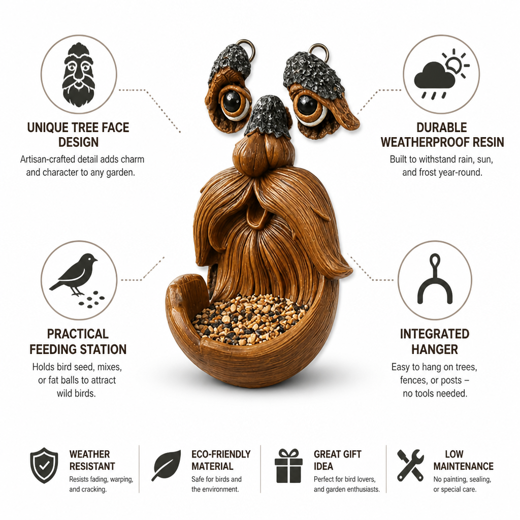 Weatherproof Resin Tree-Face Bird Feeder (Integrated Hanger)